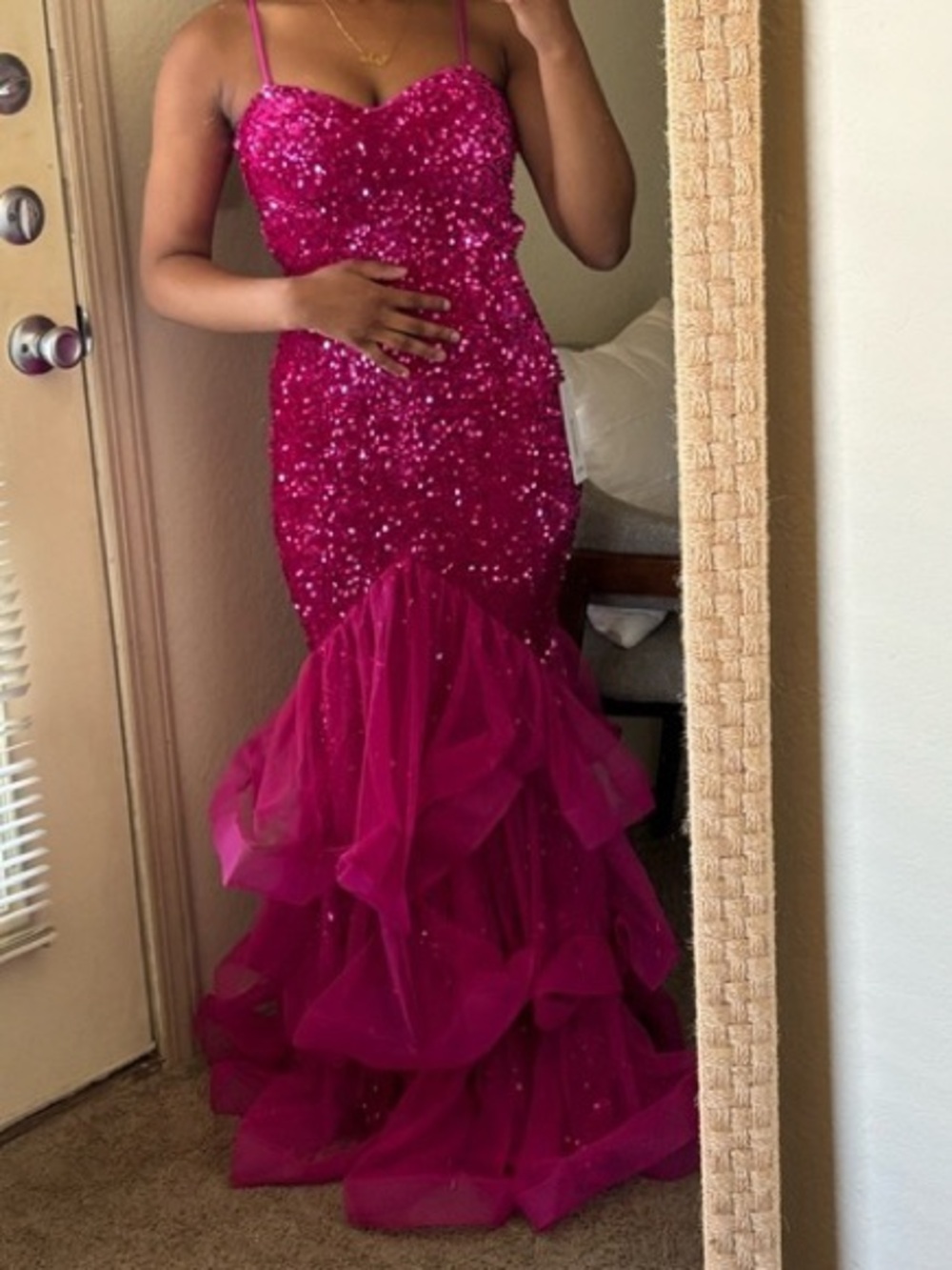 Fuchsia Sequin Mermaid Dress with Ruffled Tulle Skirt